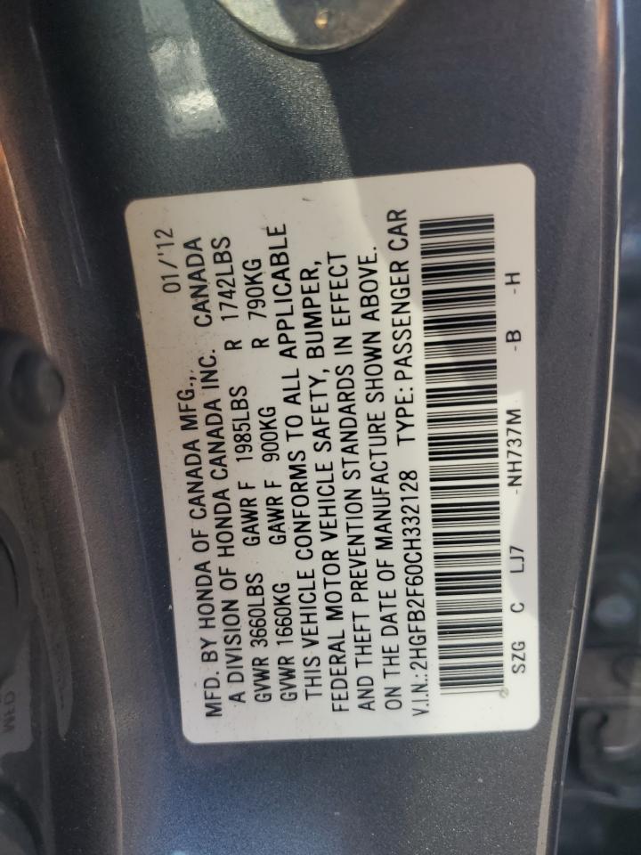 2012 Honda Civic Hf VIN: 2HGFB2F60CH332128 Lot: 64061255