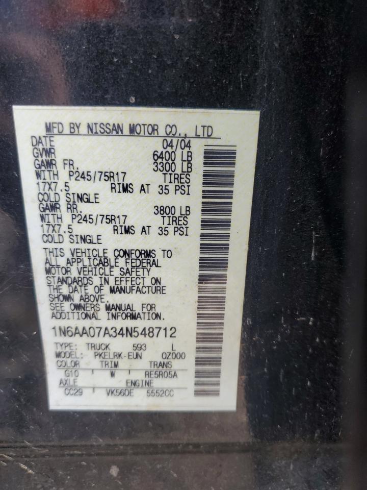 2004 Nissan Titan Xe VIN: 1N6AA07A34N548712 Lot: 64670235