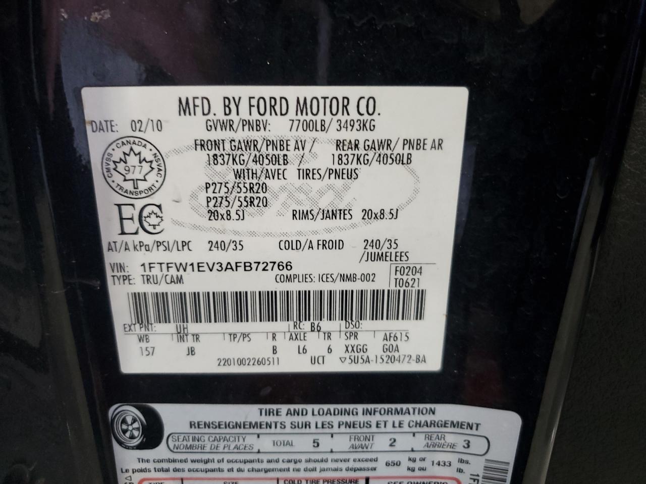 2010 Ford F150 Supercrew VIN: 1FTFW1EV3AFB72766 Lot: 65432125