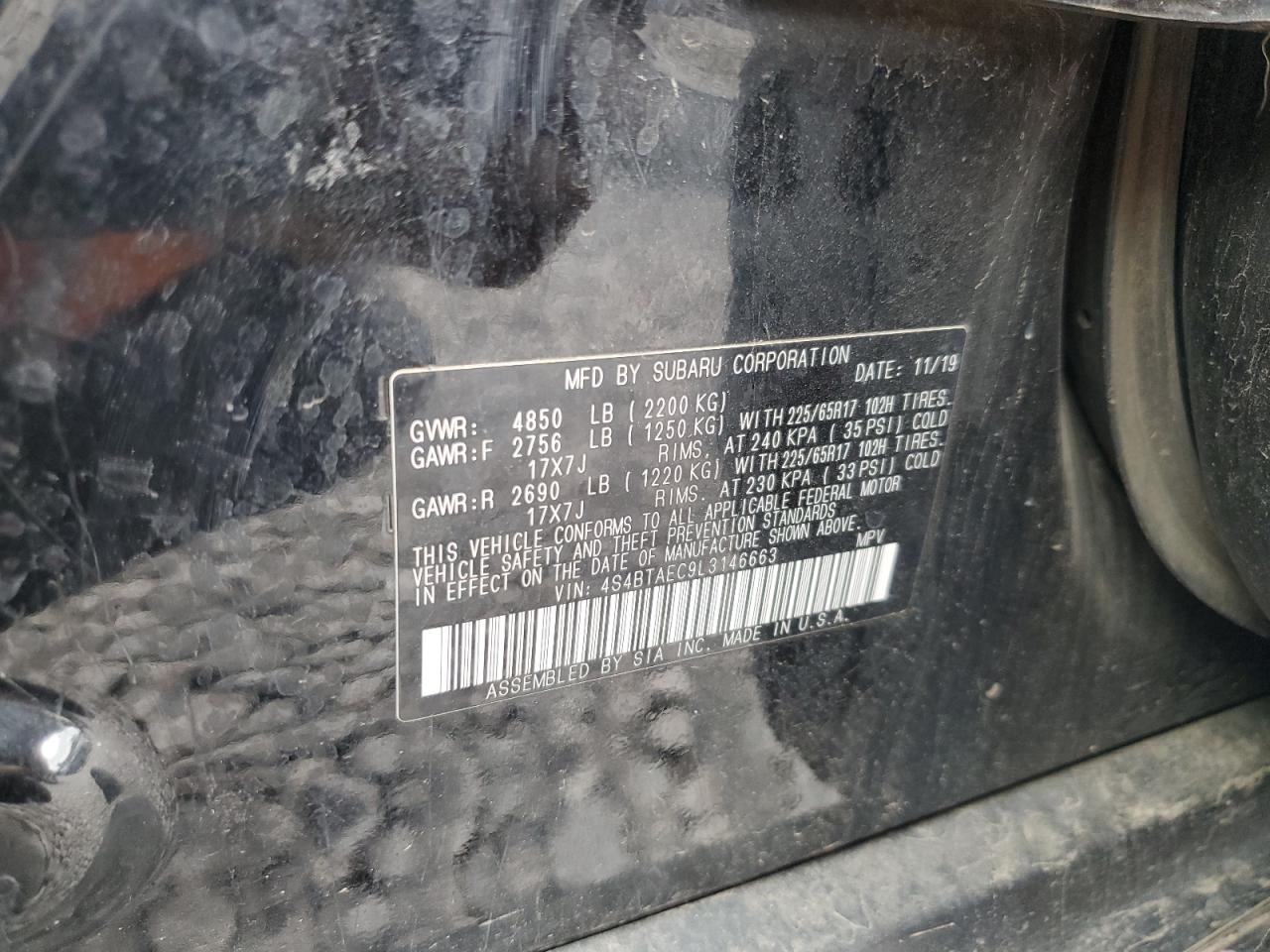 2020 Subaru Outback Premium VIN: 4S4BTAEC9L3146663 Lot: 64601875