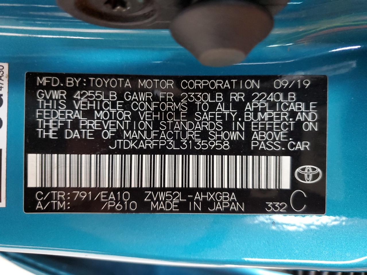 2020 Toyota Prius Prime Le VIN: JTDKARFP3L3135958 Lot: 65028135
