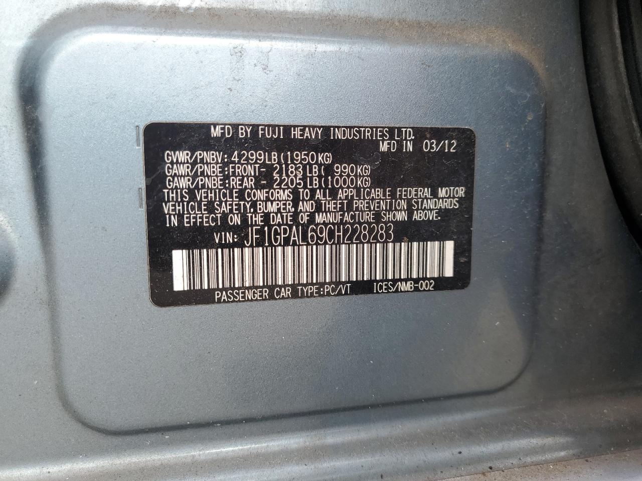 2012 Subaru Impreza Sport Premium VIN: JF1GPAL69CH228283 Lot: 64307865