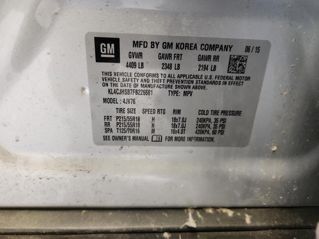 2015 Buick Encore Premium VIN: KL4CJHSB7FB226681 Lot: 64839455