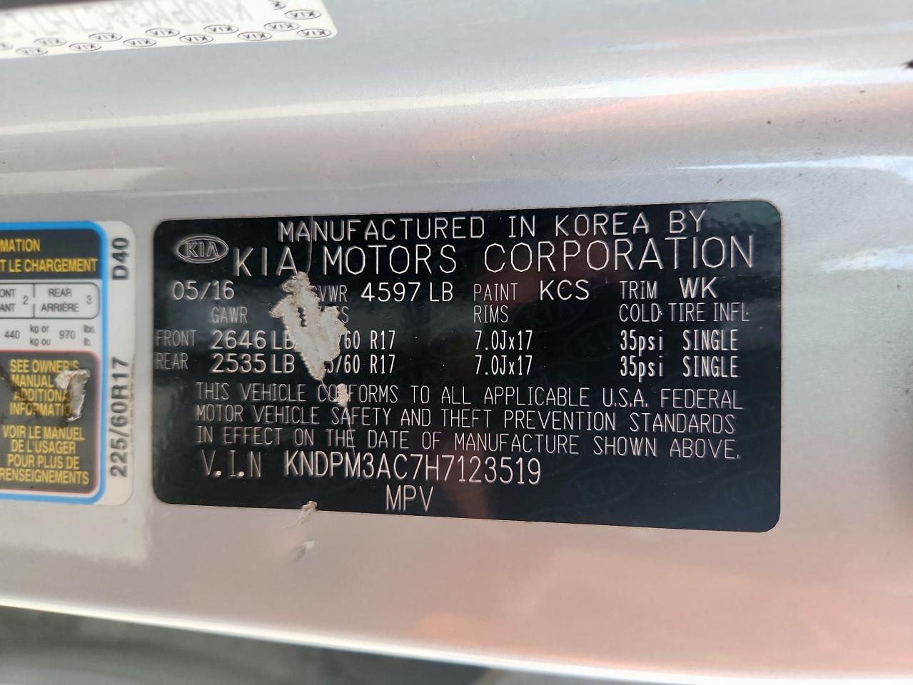 2017 Kia Sportage Lx VIN: KNDPM3AC7H7123519 Lot: 64854575