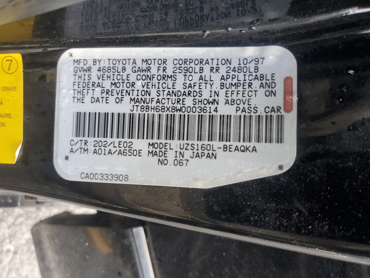 1998 Lexus Gs 400 VIN: JT8BH68X8W0003614 Lot: 64674245
