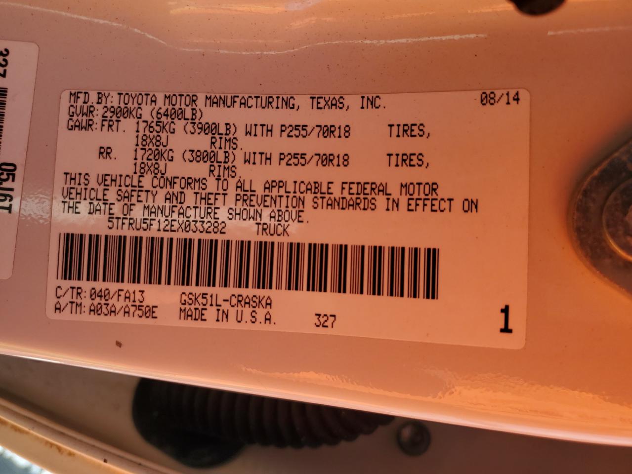 2014 Toyota Tundra Double Cab Sr VIN: 5TFRU5F12EX033282 Lot: 64622615
