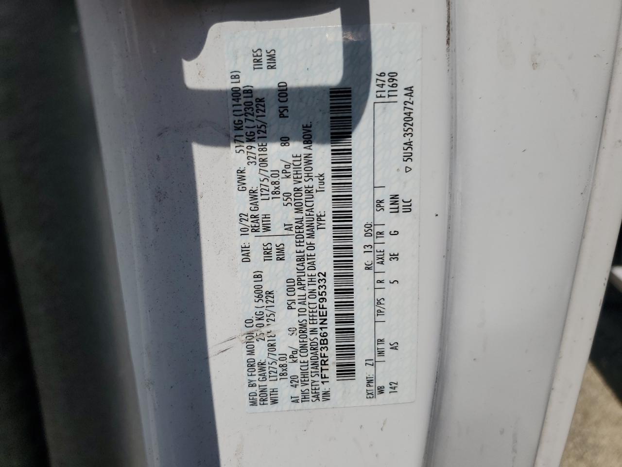 2022 Ford F350 Super Duty VIN: 1FTRF3B61NEF95332 Lot: 63980495