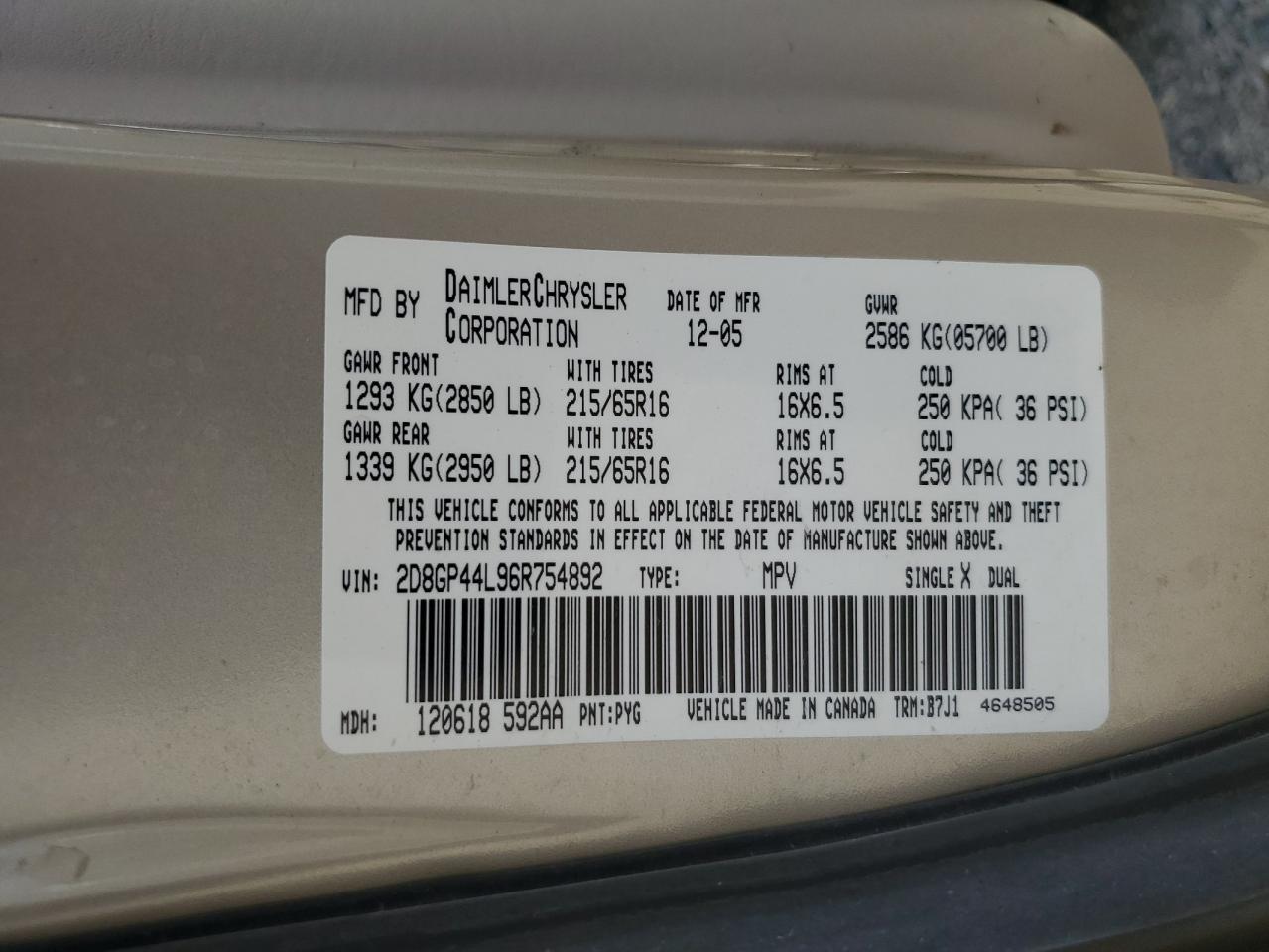 2006 Dodge Grand Caravan Sxt VIN: 2D8GP44L96R754892 Lot: 62985775