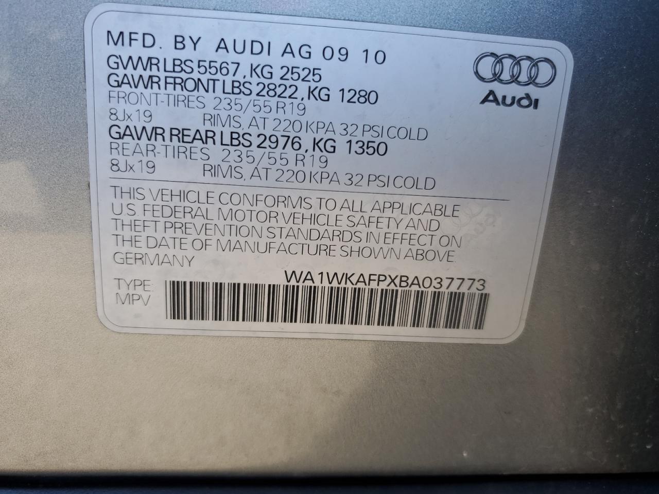 2011 Audi Q5 Prestige VIN: WA1WKAFPXBA037773 Lot: 64060535