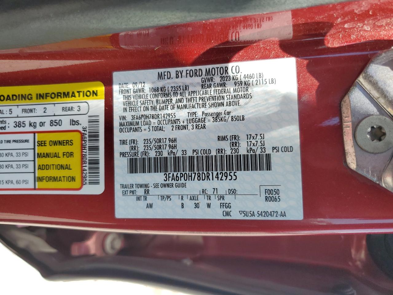 2013 Ford Fusion Se VIN: 3FA6P0H78DR142955 Lot: 64903715