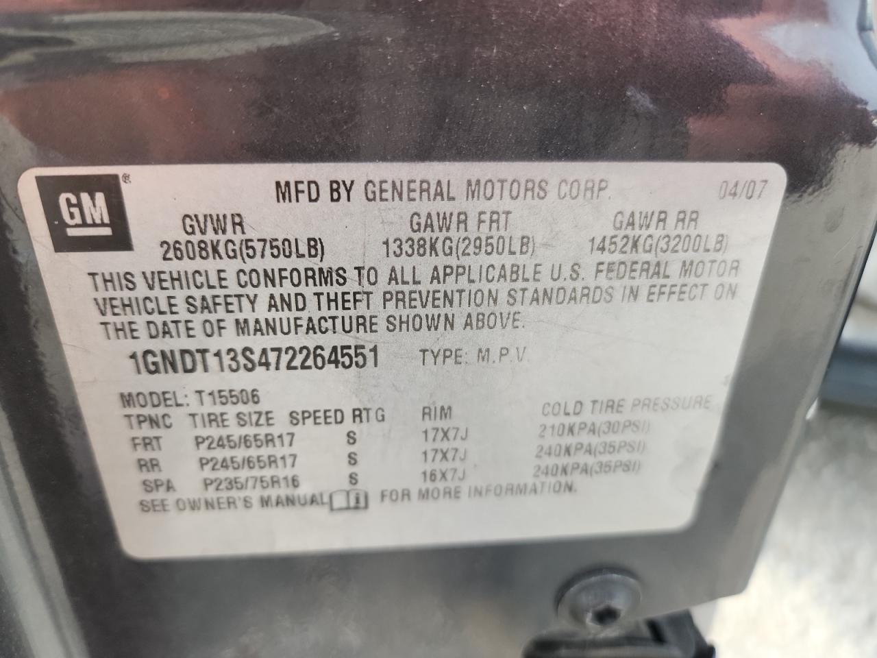 2007 Chevrolet Trailblazer Ls VIN: 1GNDT13S472264551 Lot: 66516735