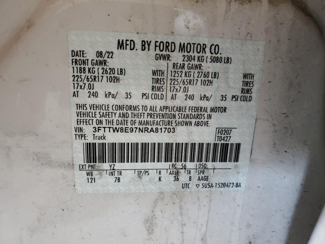 2022 Ford Maverick Xl VIN: 3FTTW8E97NRA81703 Lot: 64402525
