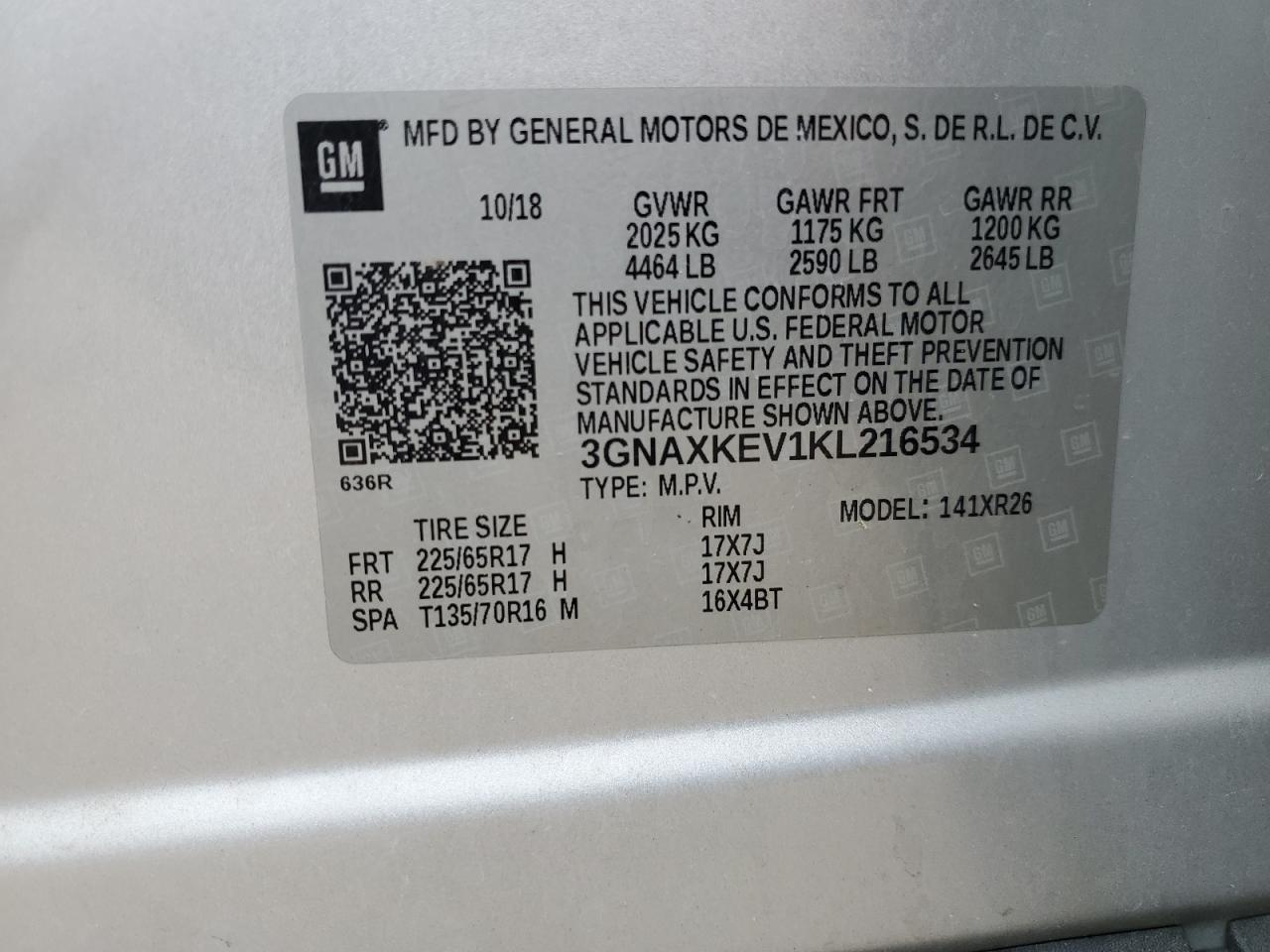 2019 Chevrolet Equinox Lt VIN: 3GNAXKEV1KL216534 Lot: 64784745