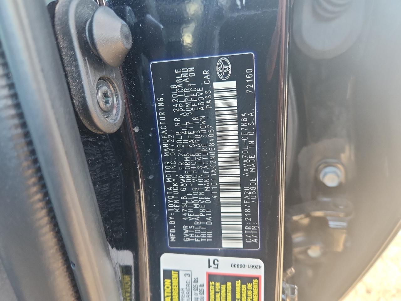 2022 Toyota Camry Le VIN: 4T1C11AK2NU684867 Lot: 64584635