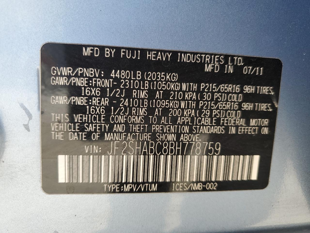 2011 Subaru Forester 2.5X VIN: JF2SHABC8BH778759 Lot: 64061525