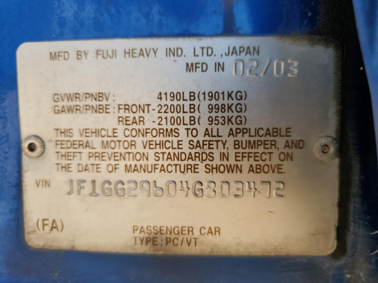2004 Subaru Impreza Wrx VIN: JF1GG29604G803472 Lot: 63530185