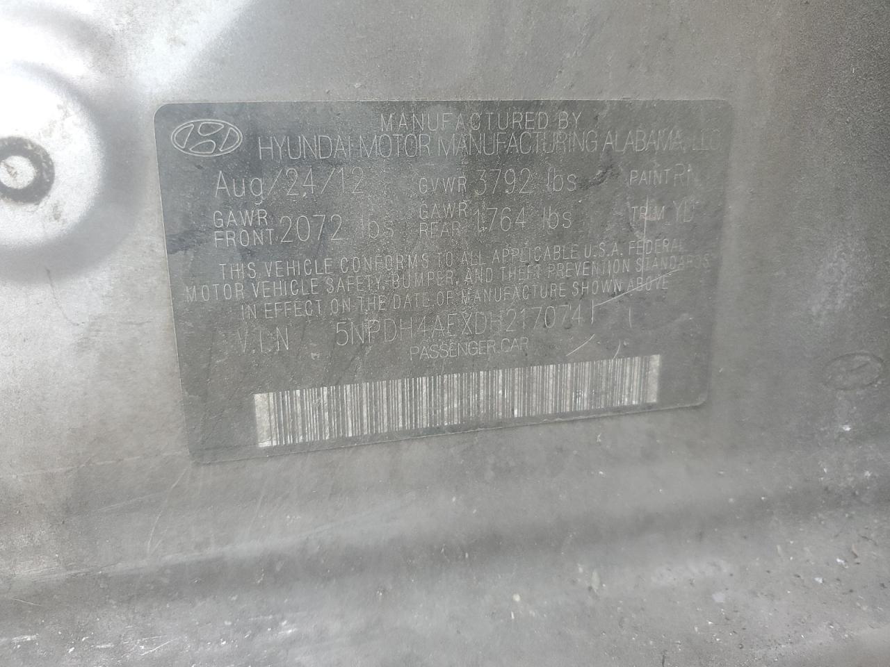 2013 Hyundai Elantra Gls VIN: 5NPDH4AEXDH217074 Lot: 63146715