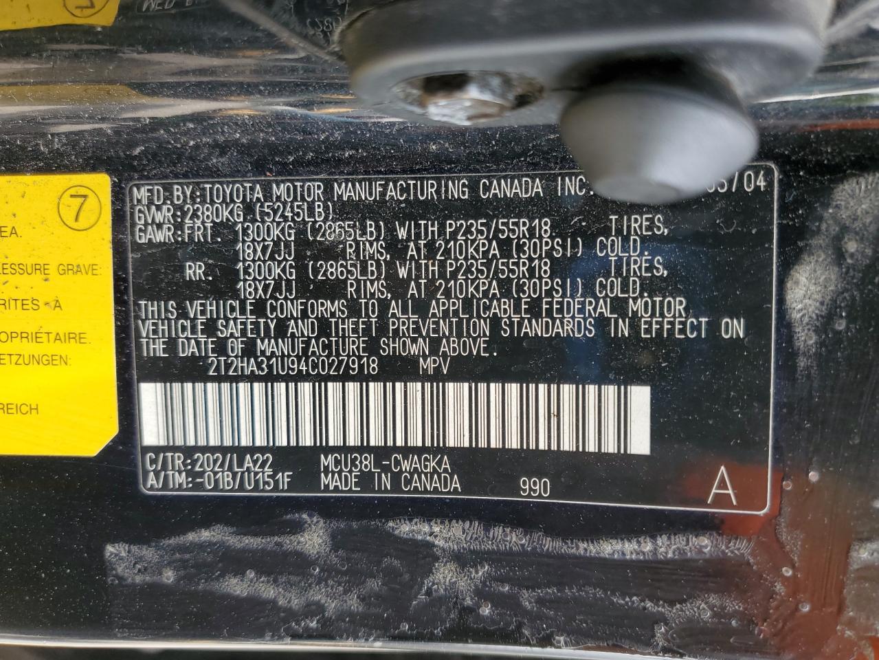 2004 Lexus Rx 330 VIN: 2T2HA31U94C027918 Lot: 63581095