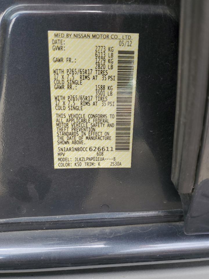 2012 Nissan Pathfinder S VIN: 5N1AR1NB0CC626611 Lot: 64490285