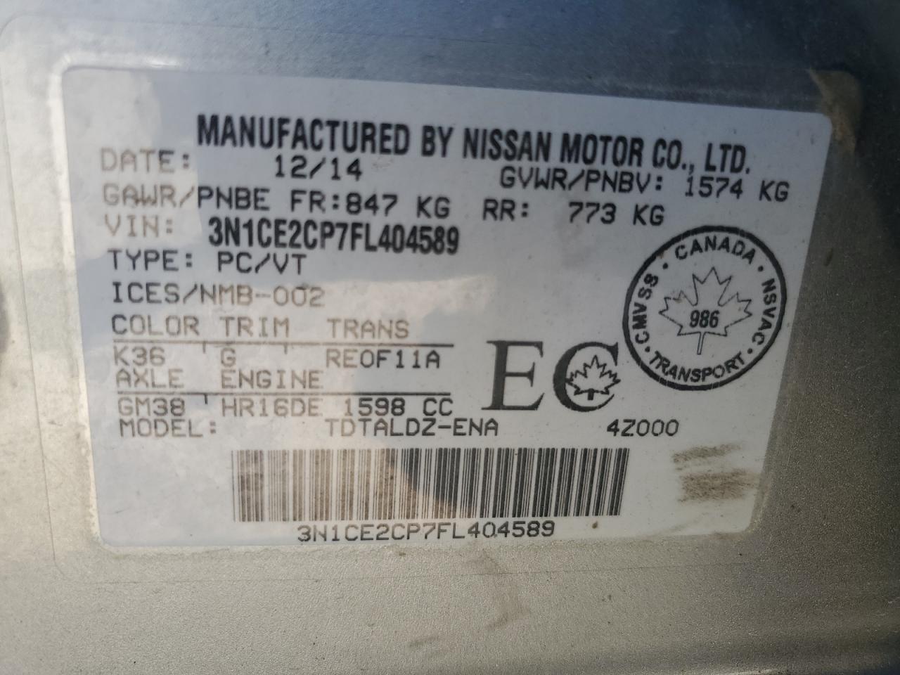 2015 Nissan Versa Note S VIN: 3N1CE2CP7FL404589 Lot: 65246895