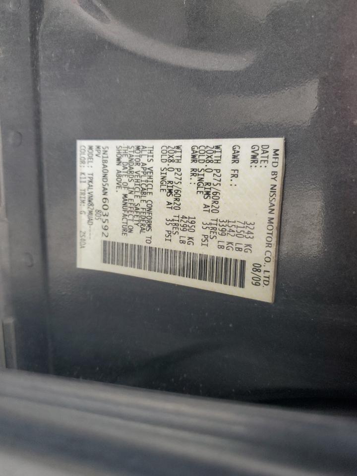 2010 Nissan Armada Se VIN: 5N1BA0ND5AN603592 Lot: 63230105