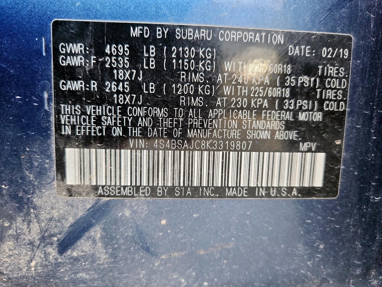 2019 Subaru Outback 2.5I Limited VIN: 4S4BSAJC8K3319807 Lot: 65039025