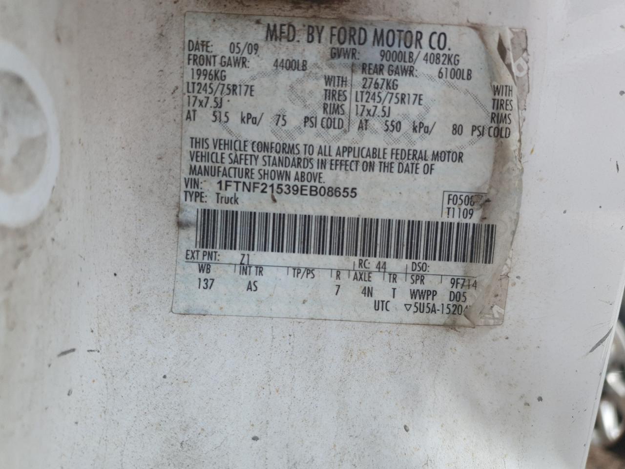 2009 Ford F250 Super Duty VIN: 1FTNF21539EB08655 Lot: 66551375