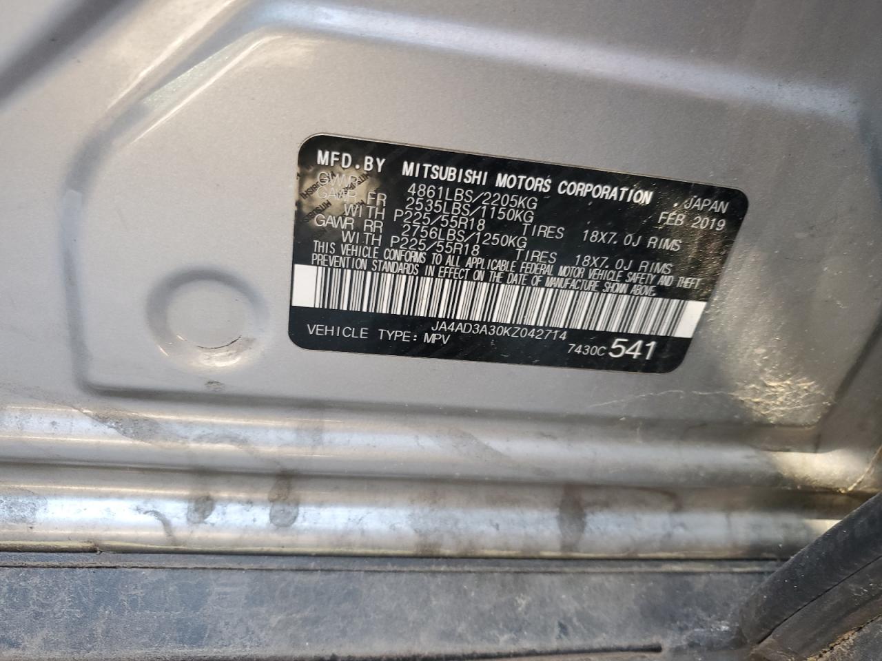 2019 Mitsubishi Outlander Se VIN: JA4AD3A30KZ042714 Lot: 40792304