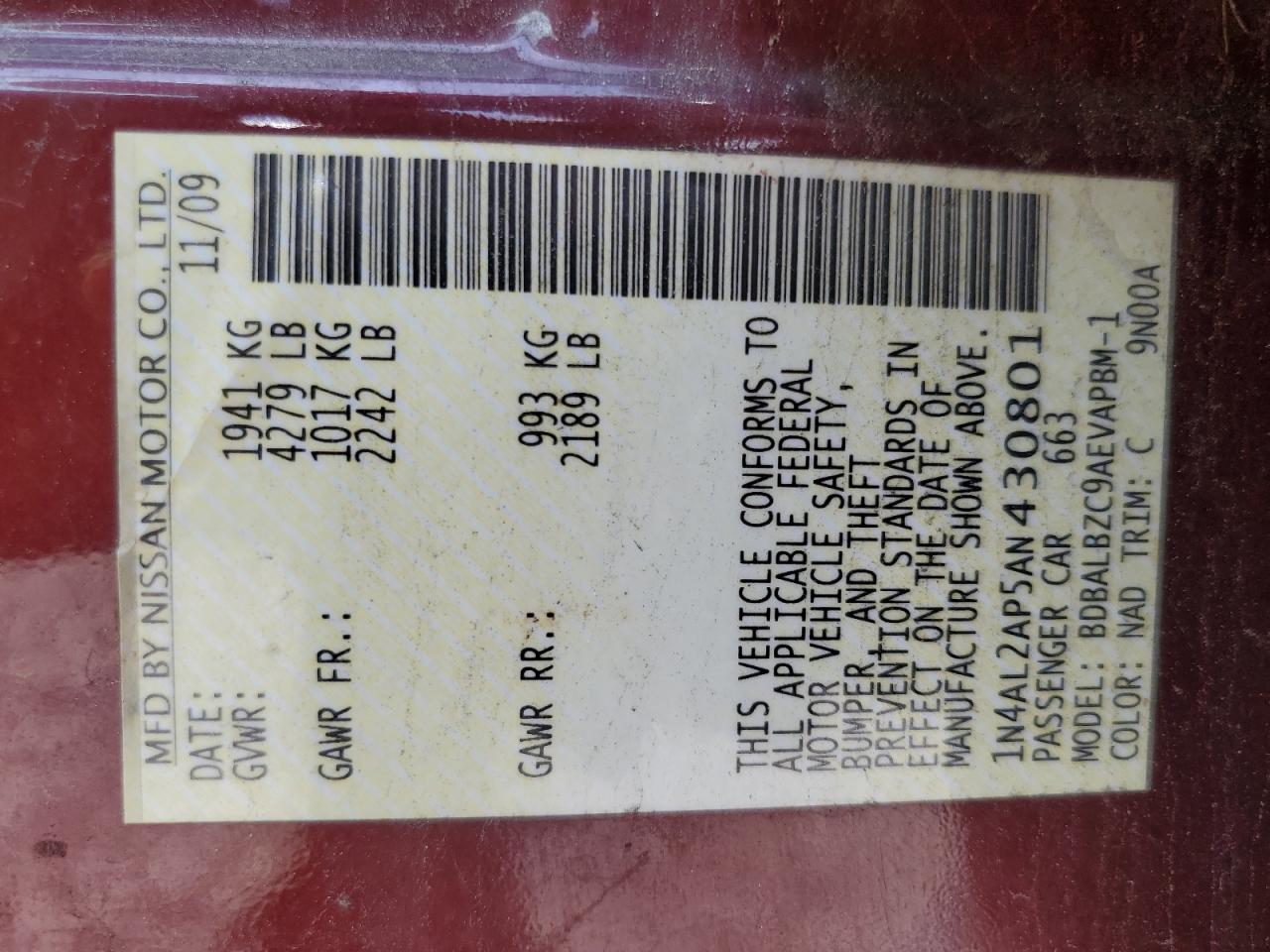 2010 Nissan Altima Base VIN: 1N4AL2AP5AN430801 Lot: 64974075