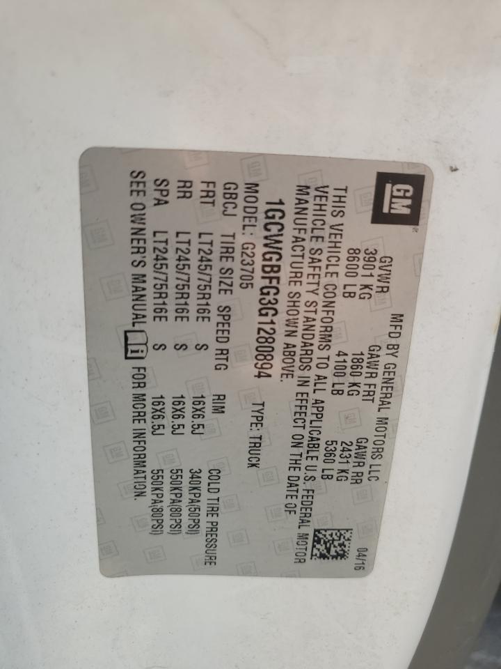 2016 Chevrolet Express G2500 VIN: 1GCWGBFG3G1280894 Lot: 70988955