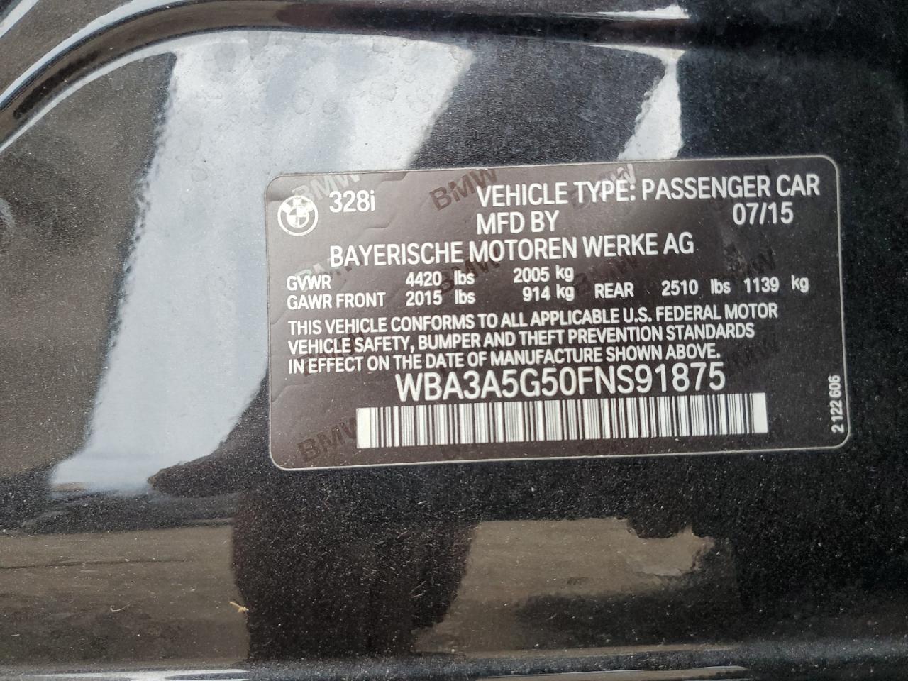 2015 BMW 328 I VIN: WBA3A5G50FNS91875 Lot: 66451175