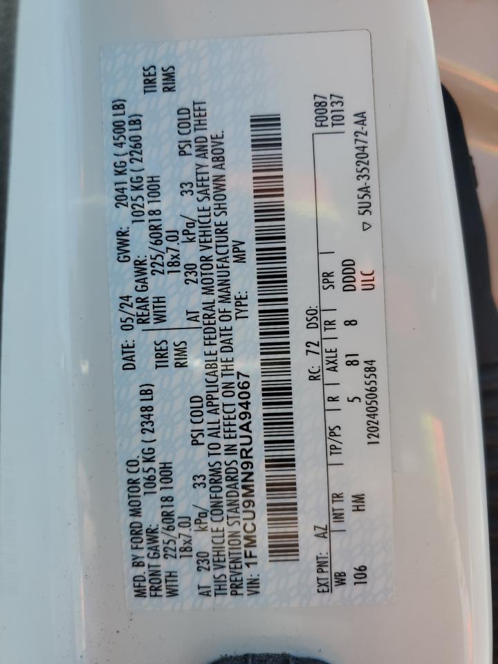 2024 Ford Escape St Line VIN: 1FMCU9MN9RUA94067 Lot: 64312995