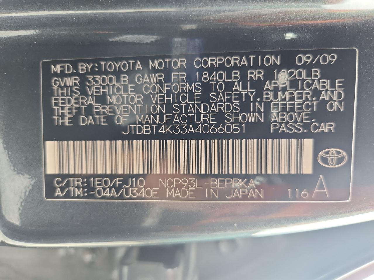 2010 Toyota Yaris VIN: JTDBT4K33A4066051 Lot: 64405745