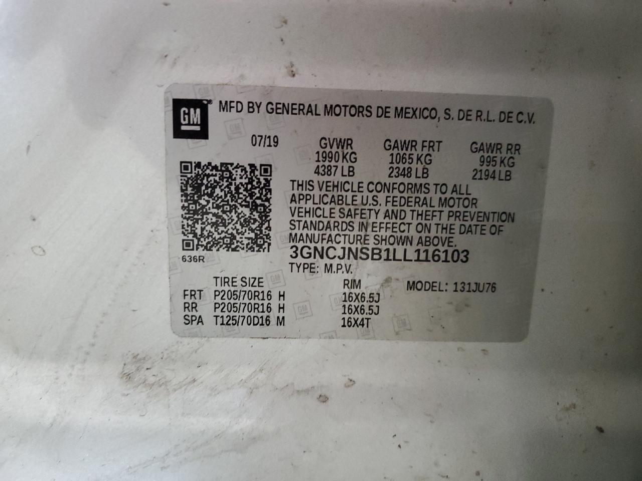 2020 Chevrolet Trax Ls VIN: 3GNCJNSB1LL116103 Lot: 65142845