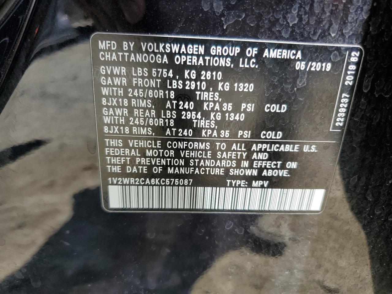 2019 Volkswagen Atlas Se VIN: 1V2WR2CA6KC575087 Lot: 64336105
