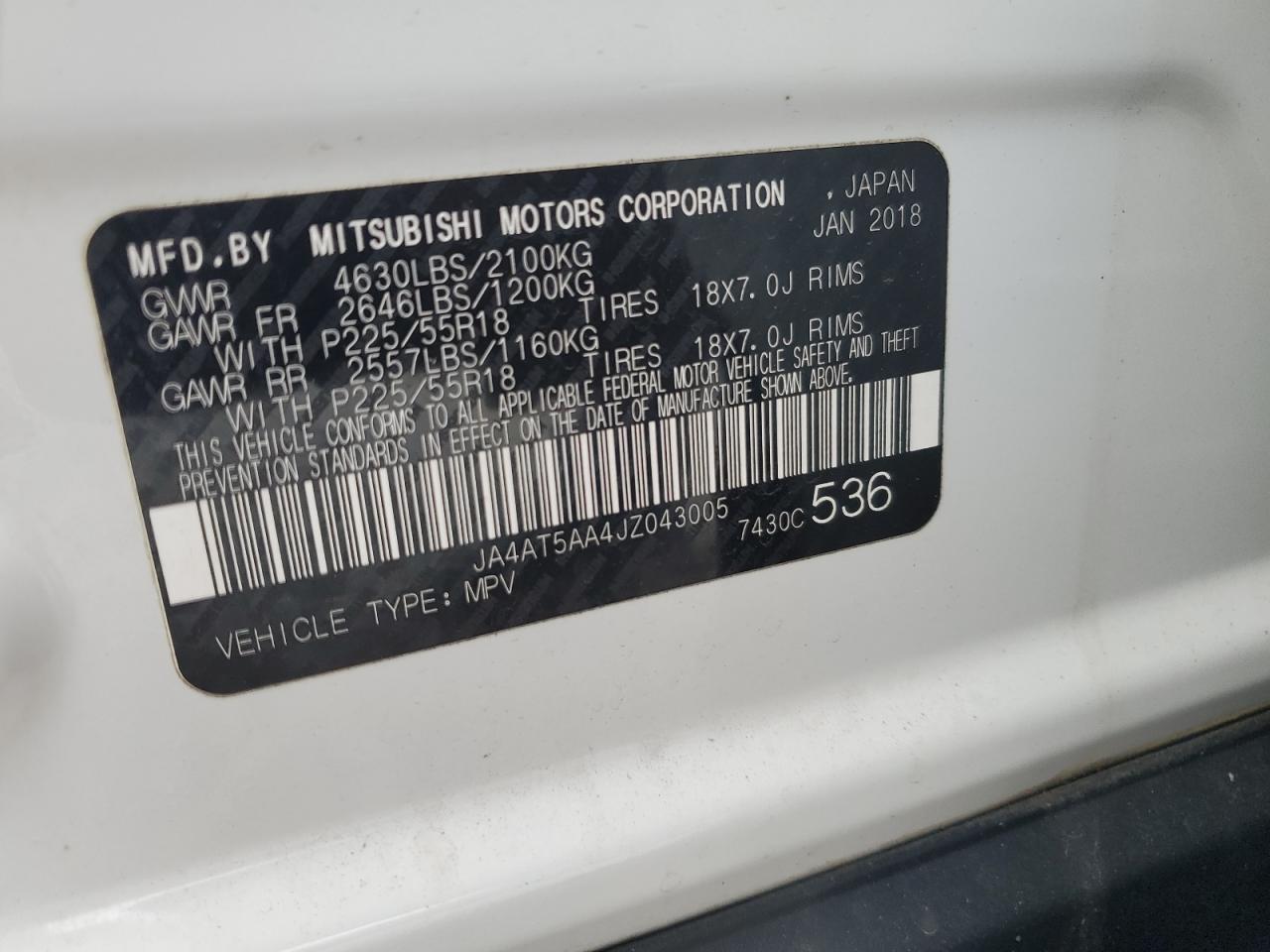 2018 Mitsubishi Eclipse Cross Se VIN: JA4AT5AA4JZ043005 Lot: 64328205