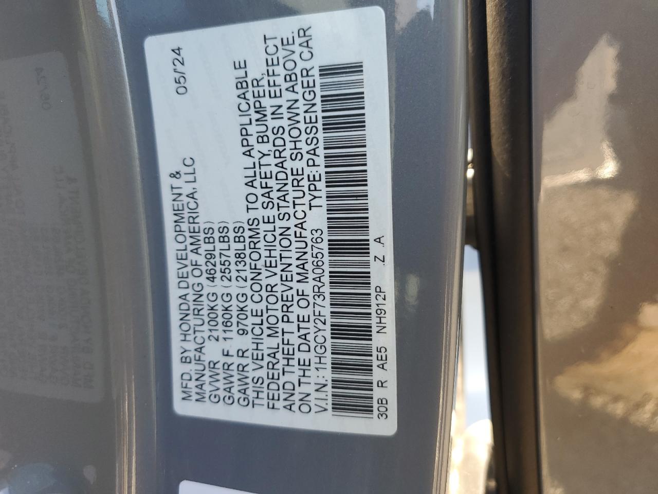 2024 Honda Accord Hybrid Sport-L VIN: 1HGCY2F73RA065763 Lot: 66476895
