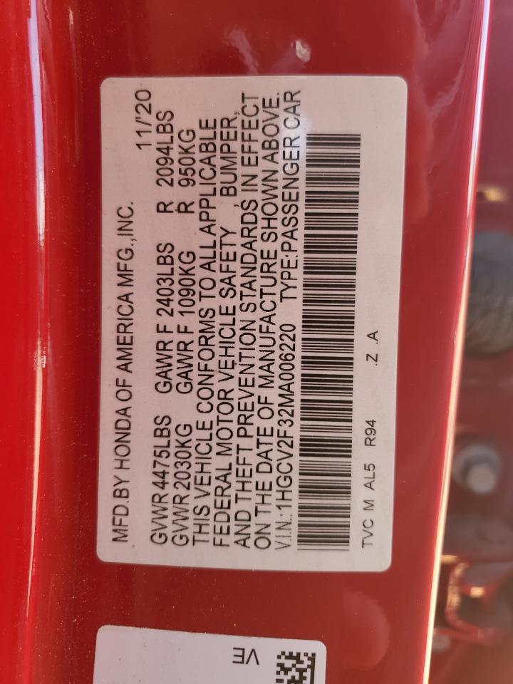 2021 Honda Accord Sport VIN: 1HGCV2F32MA006220 Lot: 64321785