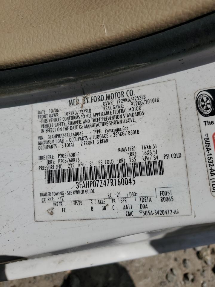 2007 Ford Fusion Se VIN: 3FAHP07Z47R160045 Lot: 65119845