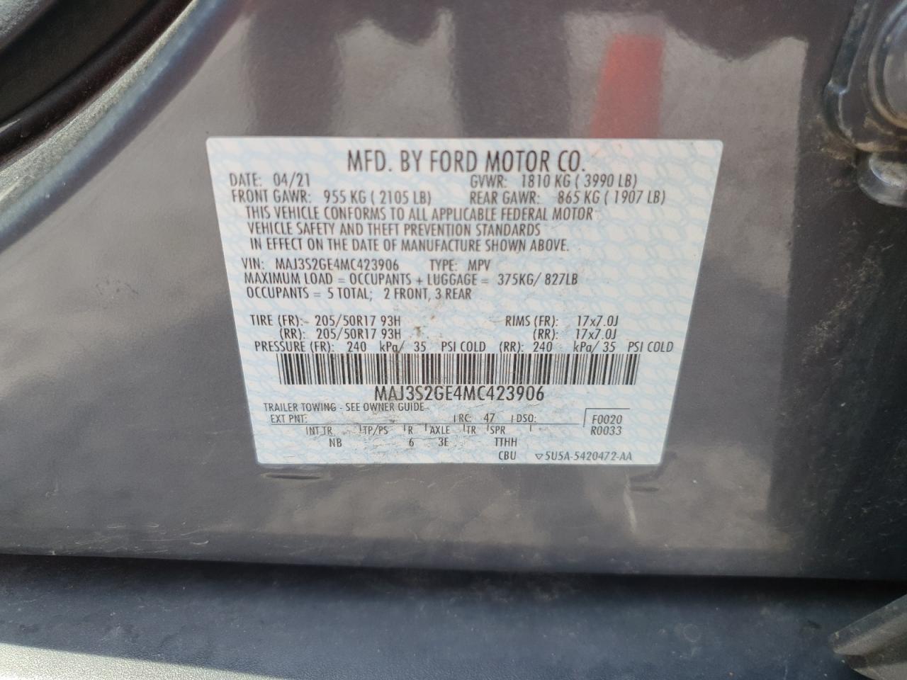 2021 Ford Ecosport Se VIN: MAJ3S2GE4MC423906 Lot: 64745535