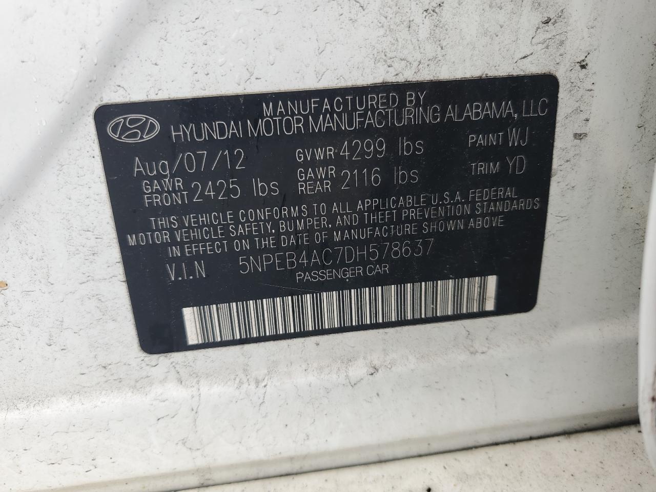 2013 Hyundai Sonata Gls VIN: 5NPEB4AC7DH578637 Lot: 64053085
