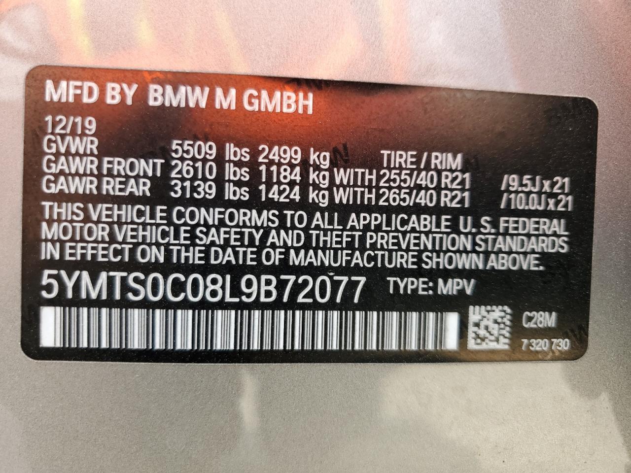 2020 BMW X3 M Competition VIN: 5YMTS0C08L9B72077 Lot: 63934655