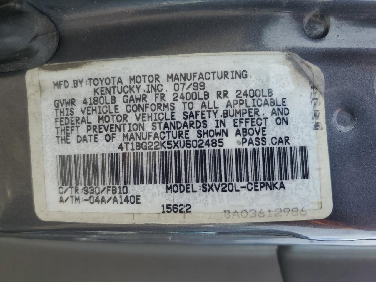 1999 Toyota Camry Ce VIN: 4T1BG22K5XU602485 Lot: 63117655