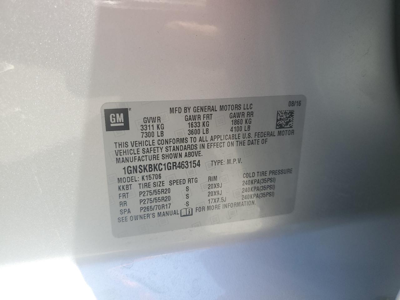 2016 Chevrolet Tahoe K1500 Lt VIN: 1GNSKBKC1GR463154 Lot: 64523405