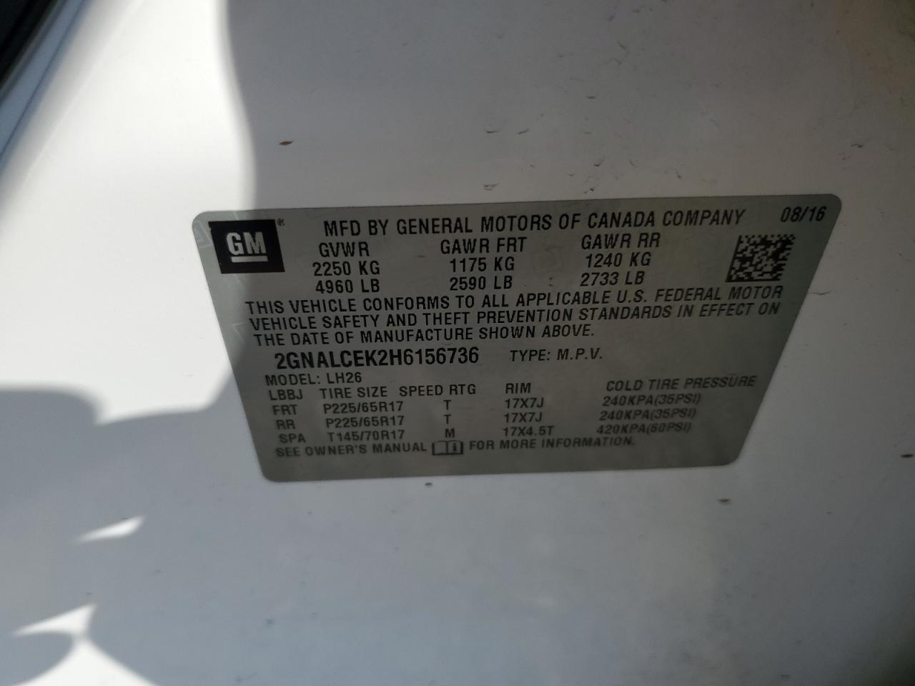 2017 Chevrolet Equinox Lt VIN: 2GNALCEK2H6156736 Lot: 65507705