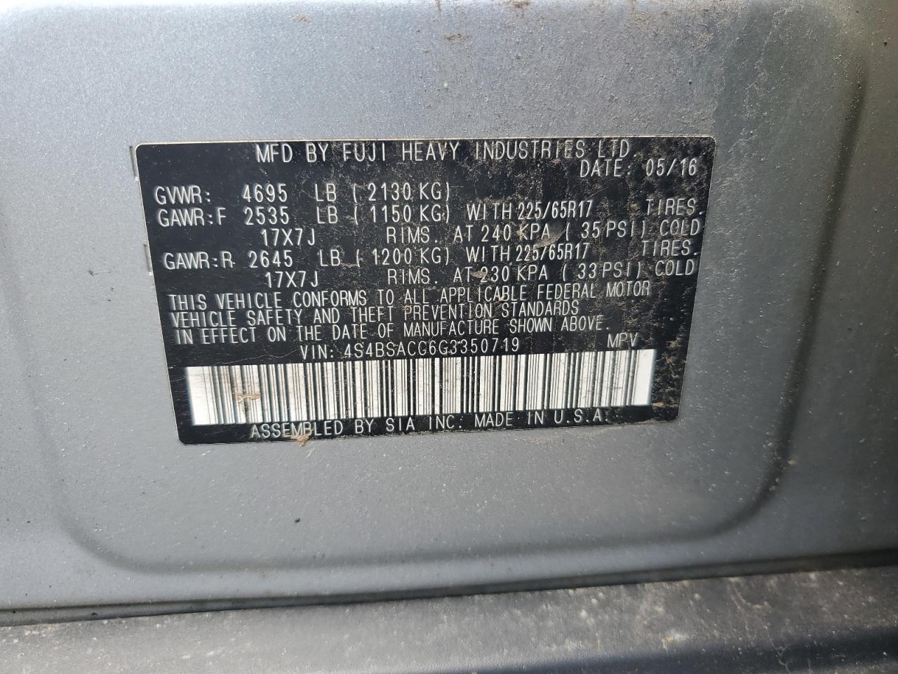 2016 Subaru Outback 2.5I Premium VIN: 4S4BSACC6G3350719 Lot: 64681565