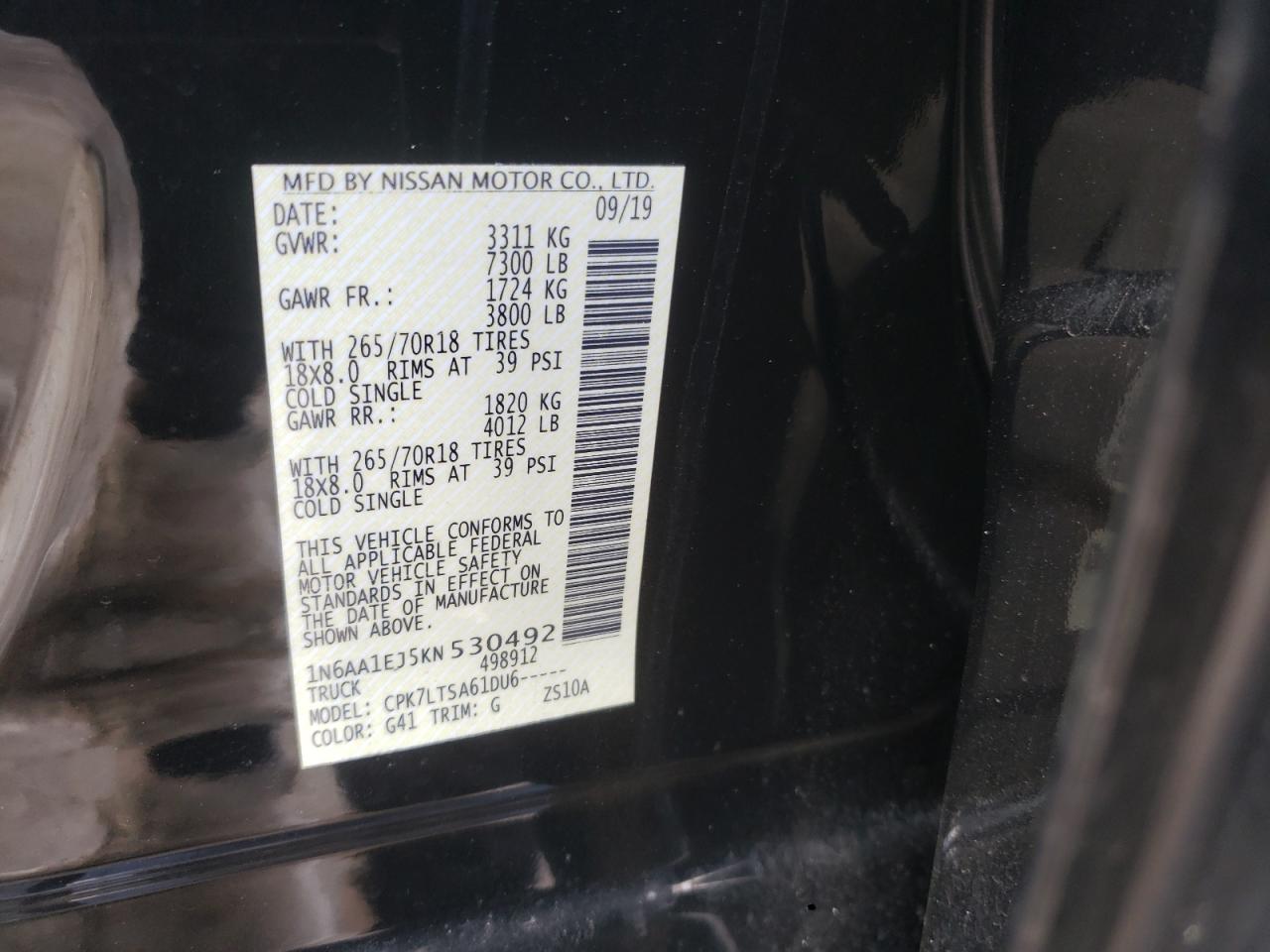 2019 Nissan Titan S VIN: 1N6AA1EJ5KN530492 Lot: 63783825