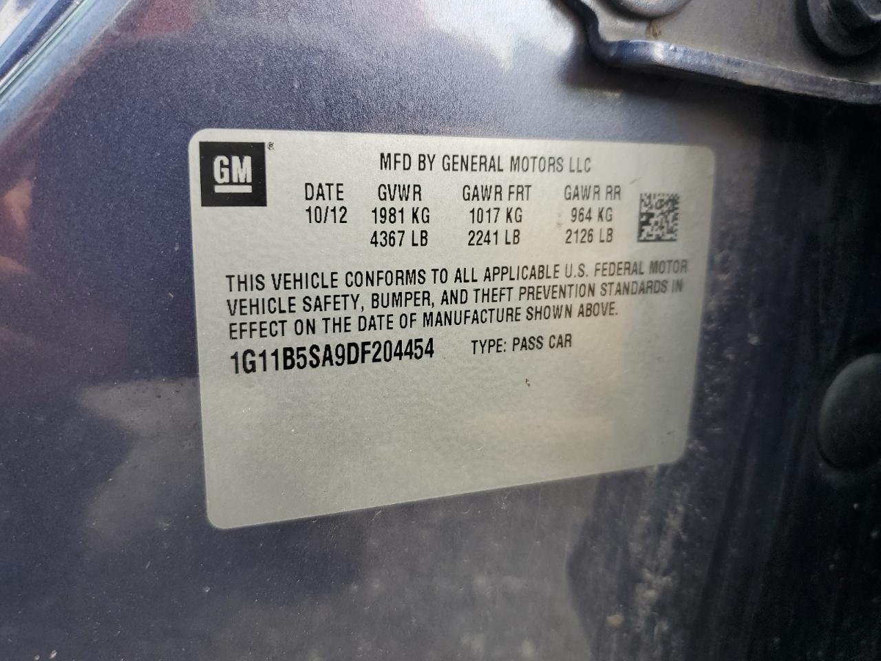 2013 Chevrolet Malibu Ls VIN: 1G11B5SA9DF204454 Lot: 62723555