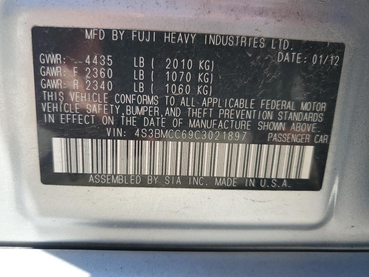 2012 Subaru Legacy 2.5I Premium VIN: 4S3BMCC69C3021897 Lot: 63194885