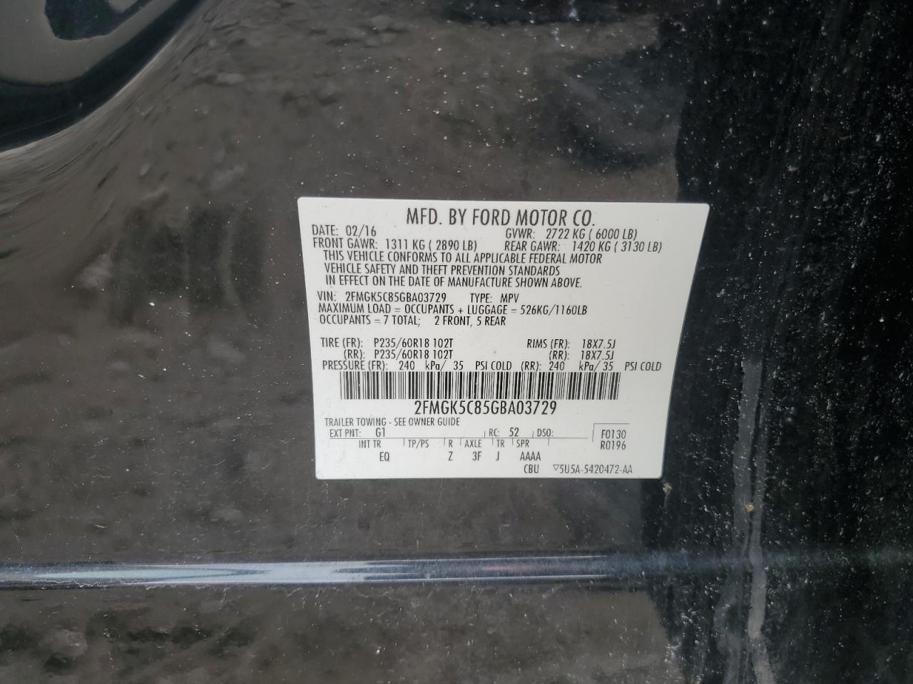 2016 Ford Flex Sel VIN: 2FMGK5C85GBA03729 Lot: 65281795